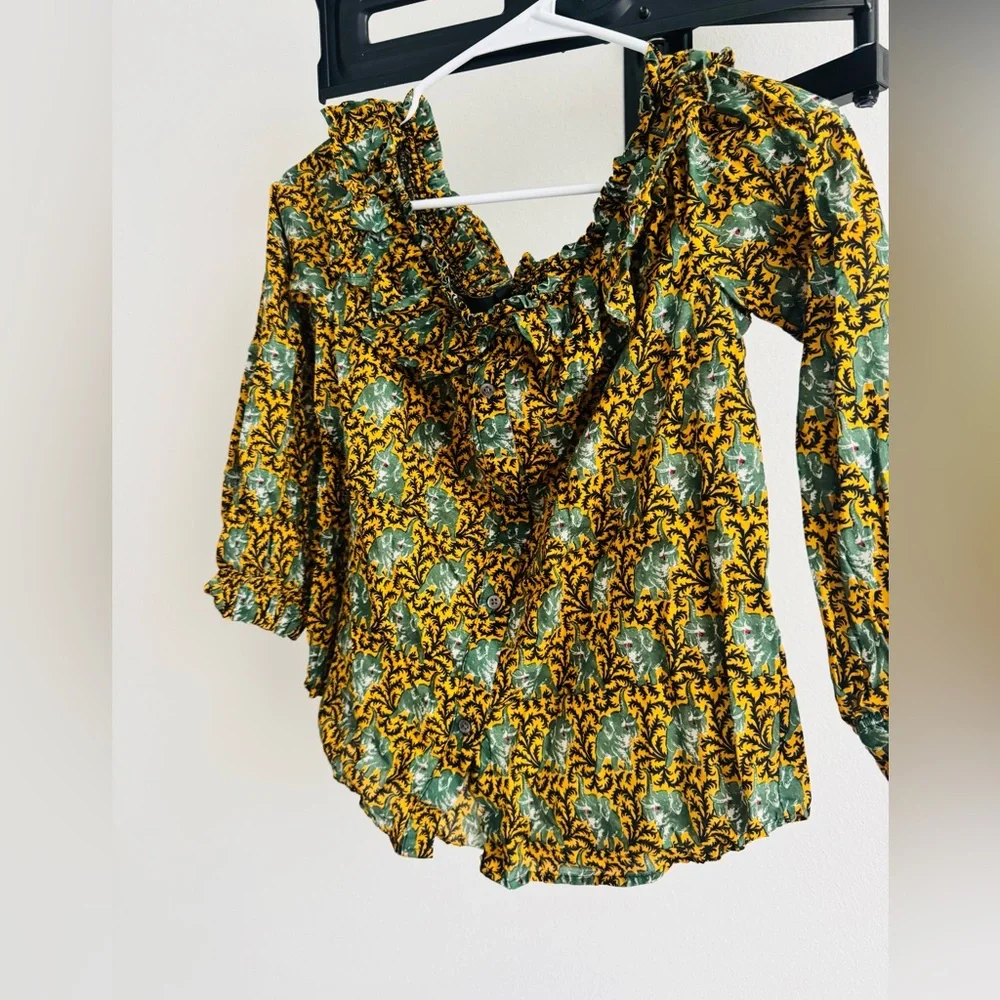 J.CREW Off The Shoulder Boho Blouse Mustard Green Ruffle Long Sleeve Shirt 6❤️